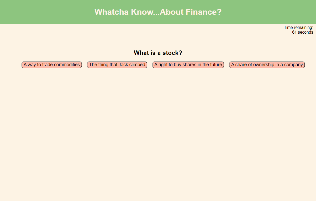 Financial Quiz webpage